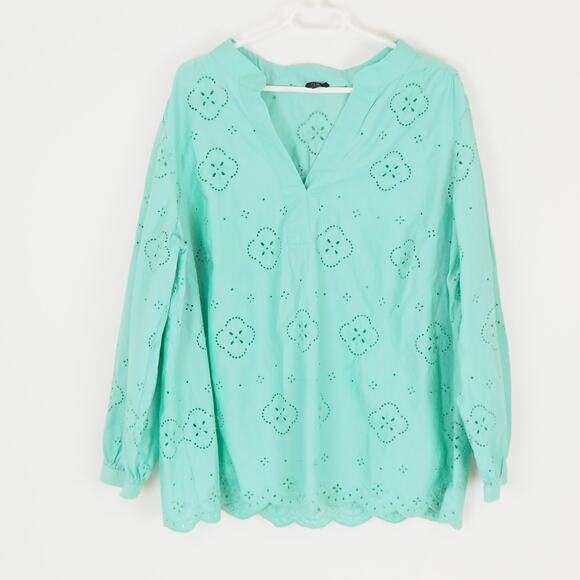 Talbots Floral Embroidered Top Neptune Green Women's Size 2X Plus Blouse - Picture 1 of 9